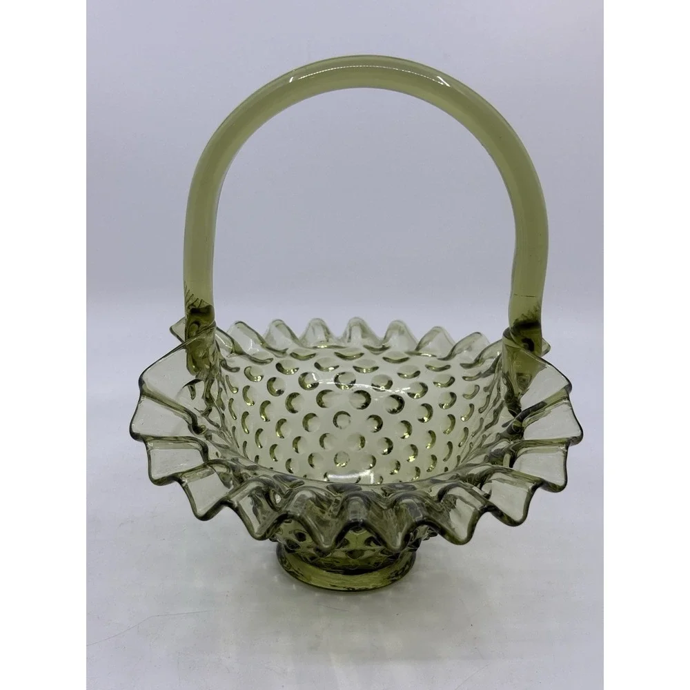Vintage Fenton Green opalescent hobnail pattern glass flower Ruffled basket - Picture 3 of 6